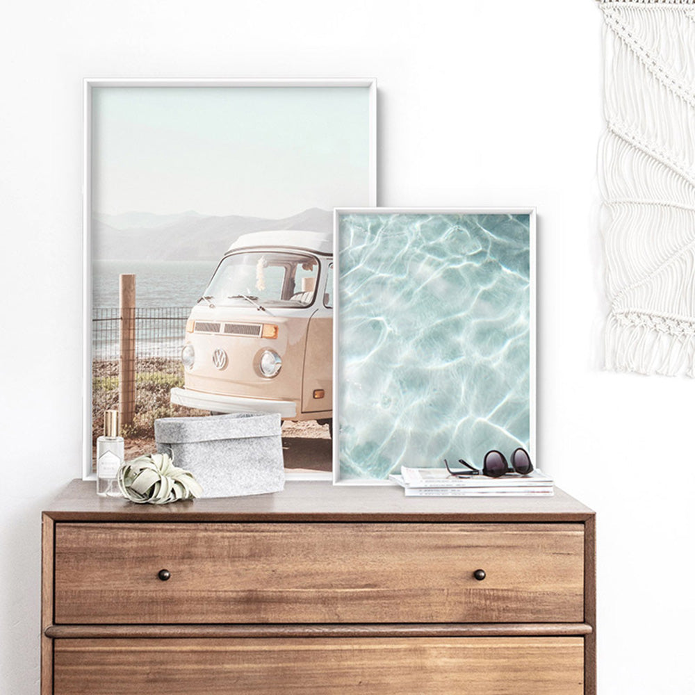 Kombi | Vintage Grainy Photo in Pastel Pink - Art Print, Poster, Stretched Canvas or Framed Wall Art, shown framed in a home interior space