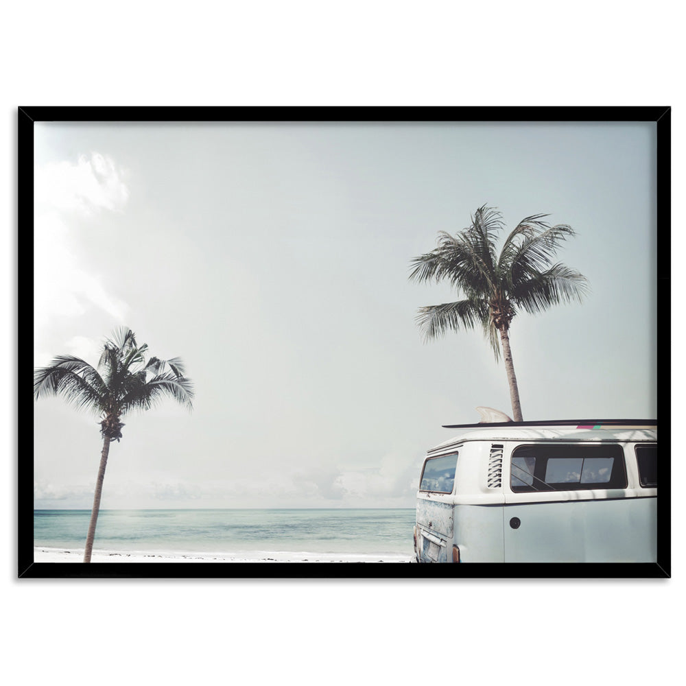 Kombi | Sea Green Surfer Van I  - Art Print, Poster, Stretched Canvas, or Framed Wall Art Print, shown in a black frame