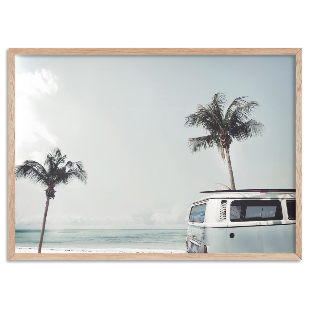 Kombi | Sea Green Surfer Van I  - Art Print, Poster, Stretched Canvas, or Framed Wall Art Print, shown in a natural timber frame