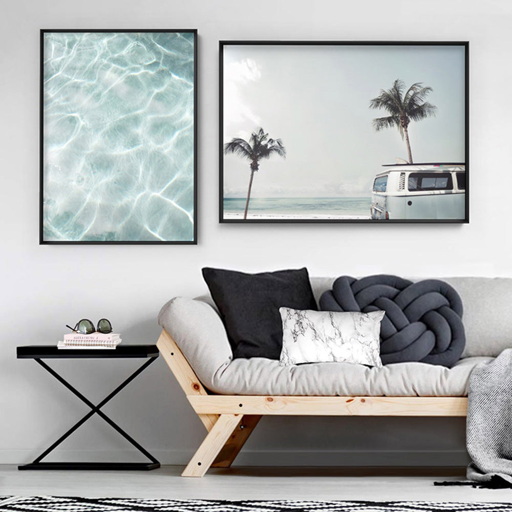 Kombi | Sea Green Surfer Van I  - Art Print, Poster, Stretched Canvas or Framed Wall Art, shown framed in a home interior space