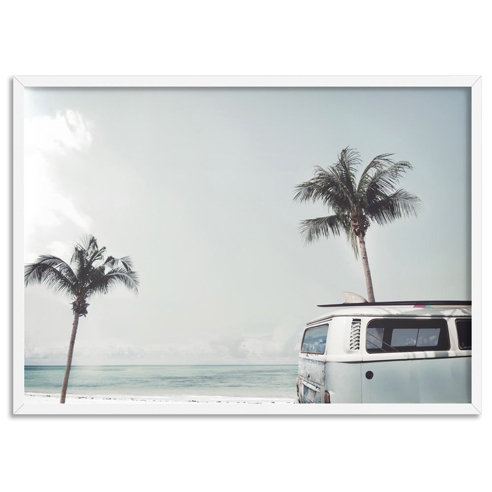 Kombi | Sea Green Surfer Van I  - Art Print, Poster, Stretched Canvas, or Framed Wall Art Print, shown in a white frame