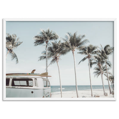 Kombi | Sea Green Surfer Van II  - Art Print, Poster, Stretched Canvas, or Framed Wall Art Print, shown in a white frame
