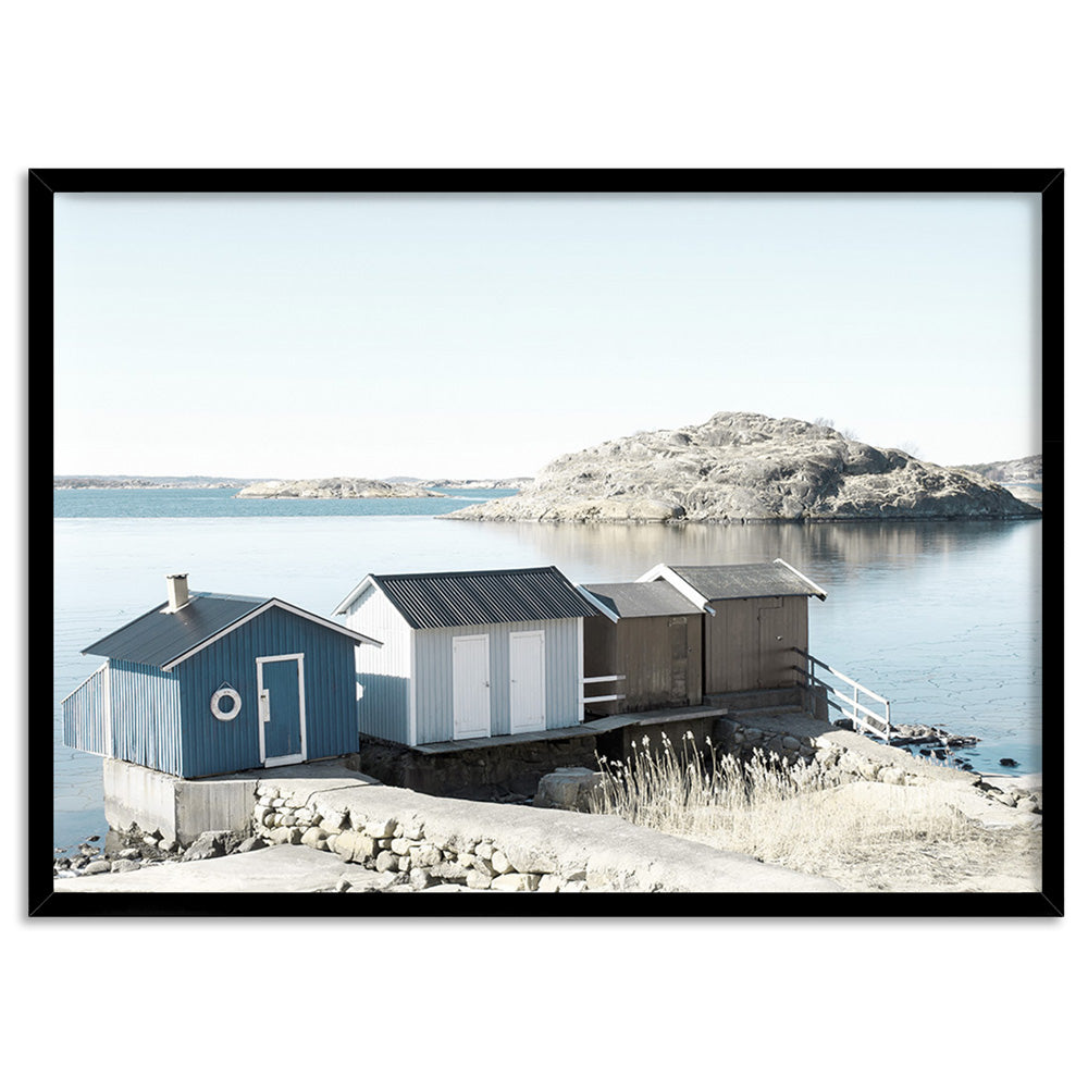 Nordic Lake Cabins I - Art Print, Poster, Stretched Canvas, or Framed Wall Art Print, shown in a black frame