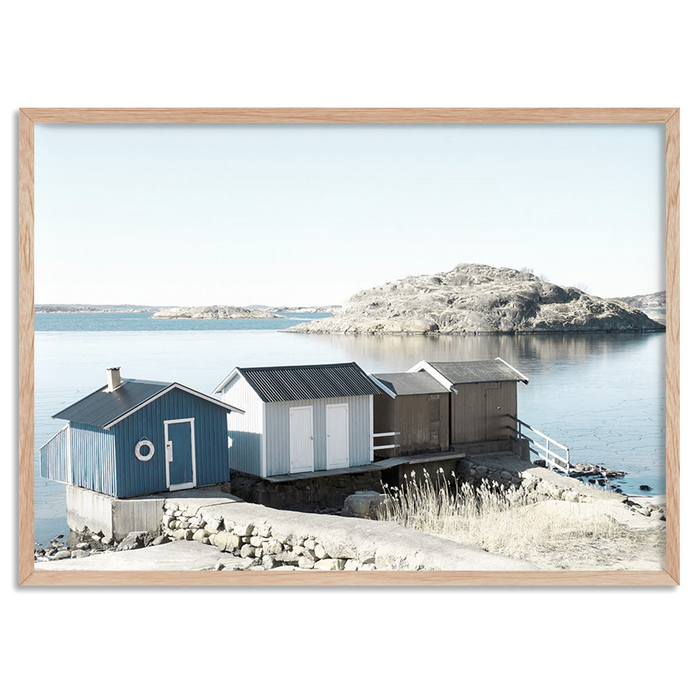 Nordic Lake Cabins I - Art Print, Poster, Stretched Canvas, or Framed Wall Art Print, shown in a natural timber frame