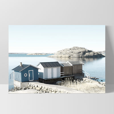Nordic Lake Cabins I - Art Print, Poster, Stretched Canvas, or Framed Wall Art Print, shown as a stretched canvas or poster without a frame