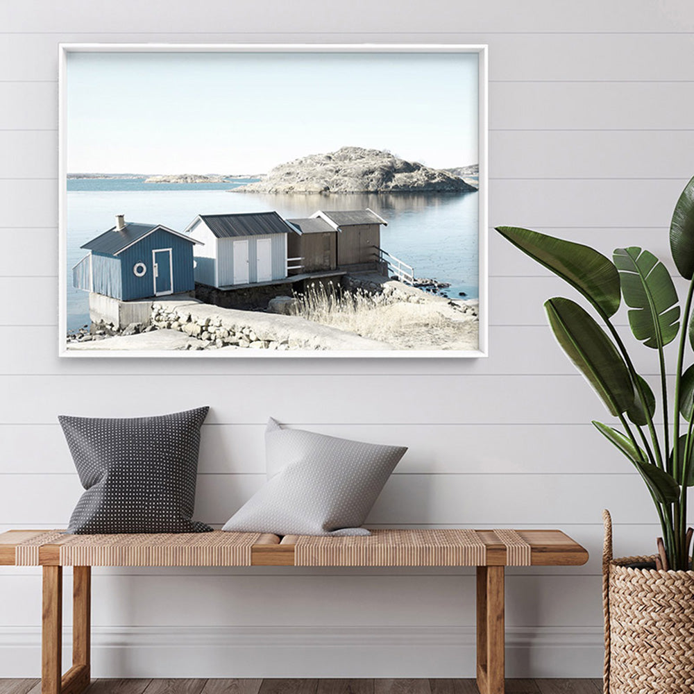 Nordic Lake Cabins I - Art Print, Poster, Stretched Canvas or Framed Wall Art Prints, shown framed in a room