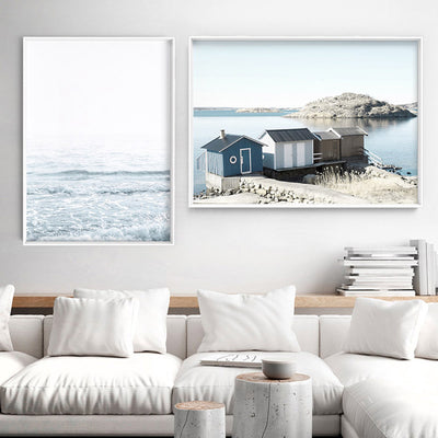 Nordic Lake Cabins I - Art Print, Poster, Stretched Canvas or Framed Wall Art, shown framed in a home interior space