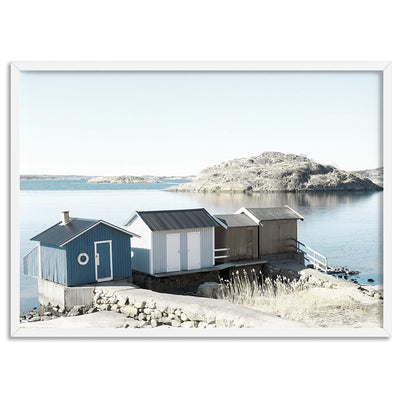 Nordic Lake Cabins I - Art Print, Poster, Stretched Canvas, or Framed Wall Art Print, shown in a white frame