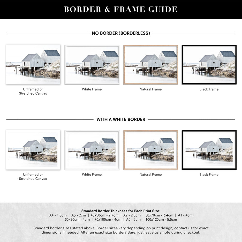 Nordic Lake Cabins II - Art Print, Poster, Stretched Canvas or Framed Wall Art, Showing White , Black, Natural Frame Colours, No Frame (Unframed) or Stretched Canvas, and With or Without White Borders