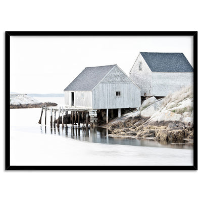Nordic Lake Cabins II - Art Print, Poster, Stretched Canvas, or Framed Wall Art Print, shown in a black frame