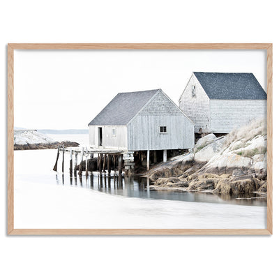 Nordic Lake Cabins II - Art Print, Poster, Stretched Canvas, or Framed Wall Art Print, shown in a natural timber frame