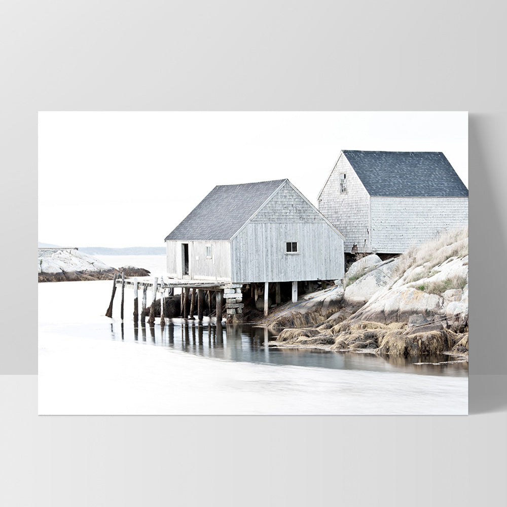 Nordic Lake Cabins II - Art Print, Poster, Stretched Canvas, or Framed Wall Art Print, shown as a stretched canvas or poster without a frame