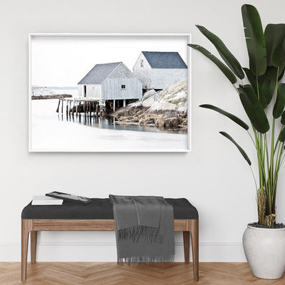 Nordic Lake Cabins II - Art Print, Poster, Stretched Canvas or Framed Wall Art Prints, shown framed in a room