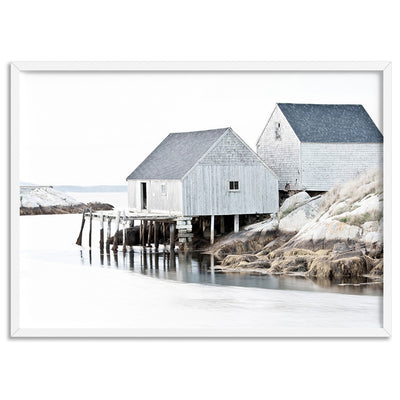 Nordic Lake Cabins II - Art Print, Poster, Stretched Canvas, or Framed Wall Art Print, shown in a white frame