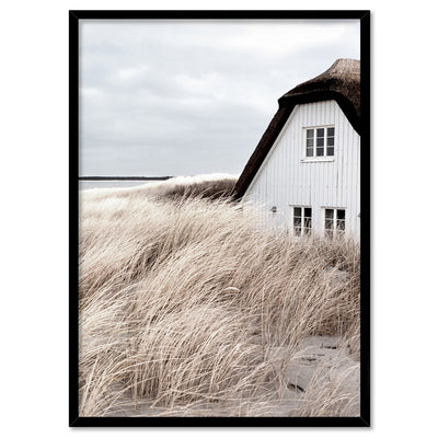 Nordic Lake Barn - Art Print, Poster, Stretched Canvas, or Framed Wall Art Print, shown in a black frame