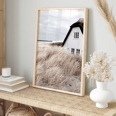 Nordic Lake Barn - Art Print, Poster, Stretched Canvas or Framed Wall Art Prints, shown framed in a room
