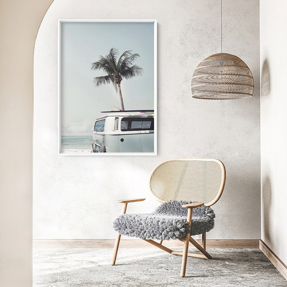 Kombi | Sea Green Surfer Van III - Art Print, Poster, Stretched Canvas or Framed Wall Art Prints, shown framed in a room
