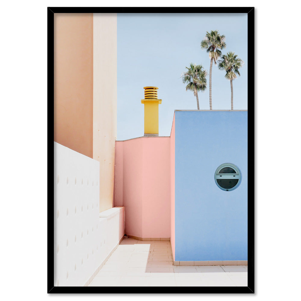Miami Urban Pastels  - Art Print, Poster, Stretched Canvas, or Framed Wall Art Print, shown in a black frame