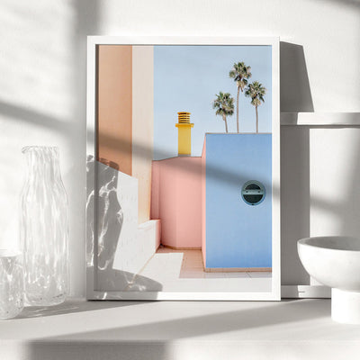 Miami Urban Pastels  - Art Print, Poster, Stretched Canvas or Framed Wall Art Prints, shown framed in a room
