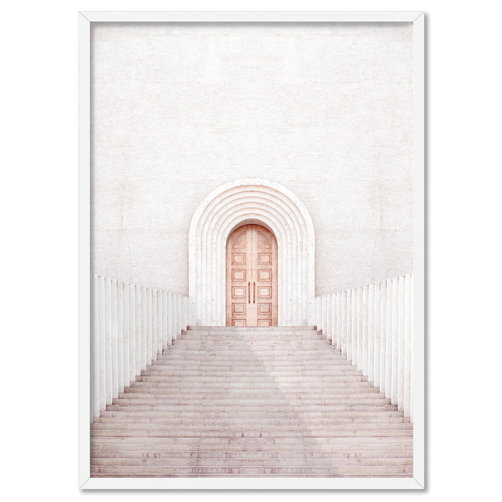 Pastel Boho Arch Door - Art Print, Poster, Stretched Canvas, or Framed Wall Art Print, shown in a white frame