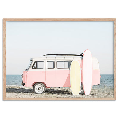Pastel Beach Kombi Van Print - Art Print, Poster, Stretched Canvas, or Framed Wall Art Print, shown in a natural timber frame