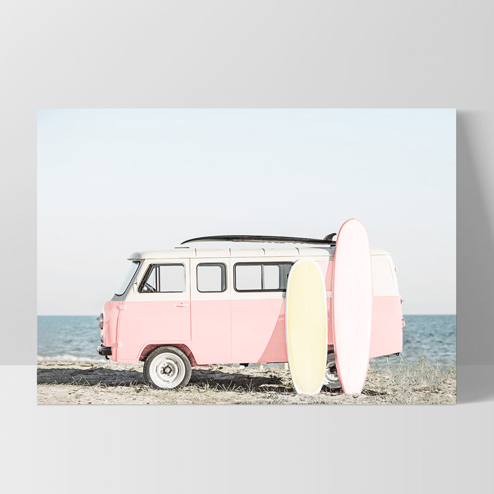 Pastel Beach Kombi Van Print - Art Print, Poster, Stretched Canvas, or Framed Wall Art Print, shown as a stretched canvas or poster without a frame