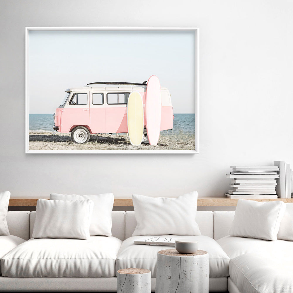 Pastel Beach Kombi Van Print - Art Print, Poster, Stretched Canvas or Framed Wall Art Prints, shown framed in a room