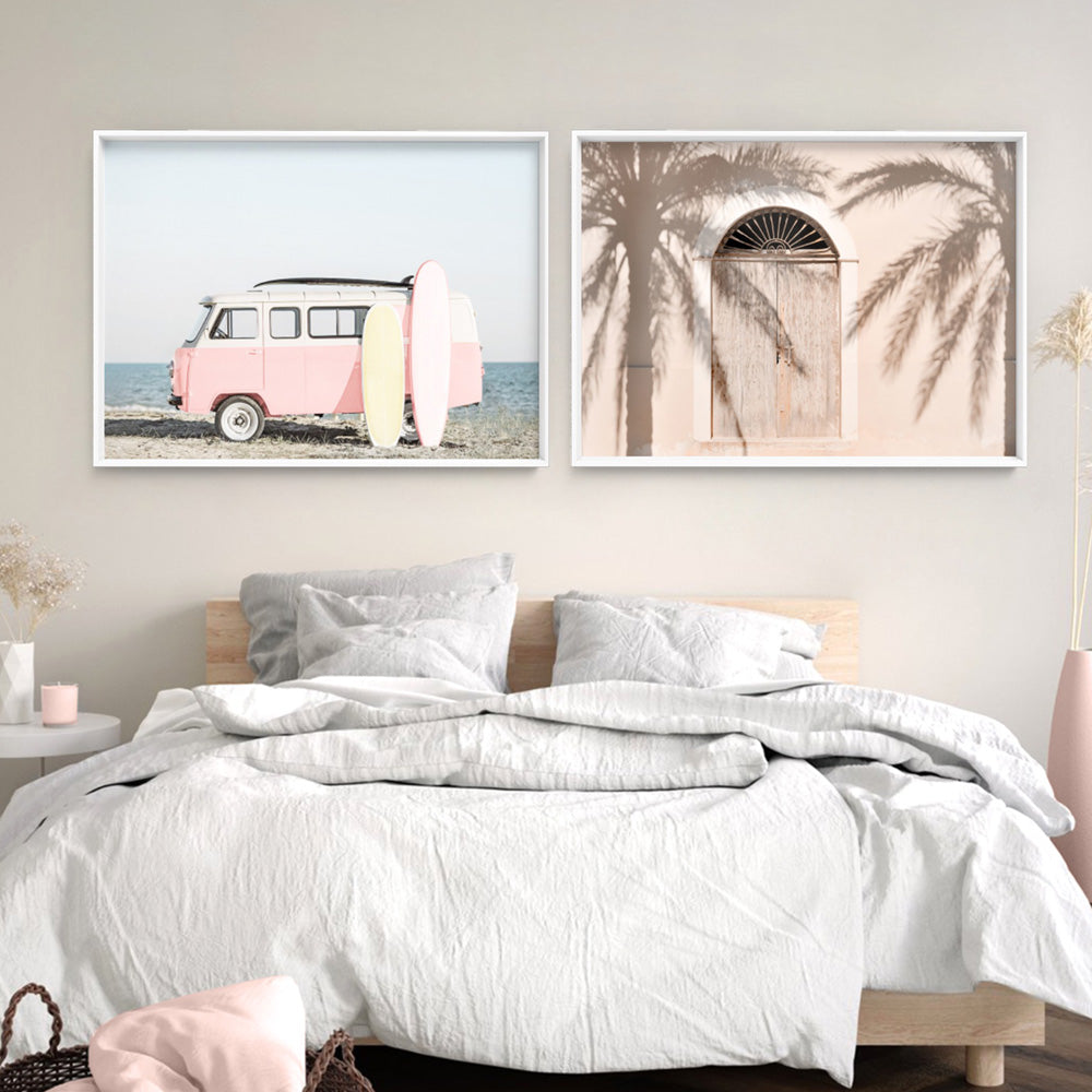 Pastel Beach Kombi Van Print - Art Print, Poster, Stretched Canvas or Framed Wall Art, shown framed in a home interior space