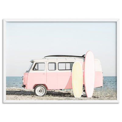 Pastel Beach Kombi Van Print - Art Print, Poster, Stretched Canvas, or Framed Wall Art Print, shown in a white frame