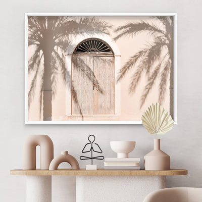 Boho Pastel Palm Shadows - Art Print, Poster, Stretched Canvas or Framed Wall Art Prints, shown framed in a room