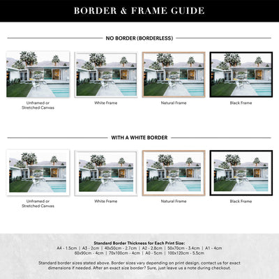 Palm Springs | Poolside Backyard View - Art Print, Poster, Stretched Canvas or Framed Wall Art, Showing White , Black, Natural Frame Colours, No Frame (Unframed) or Stretched Canvas, and With or Without White Borders