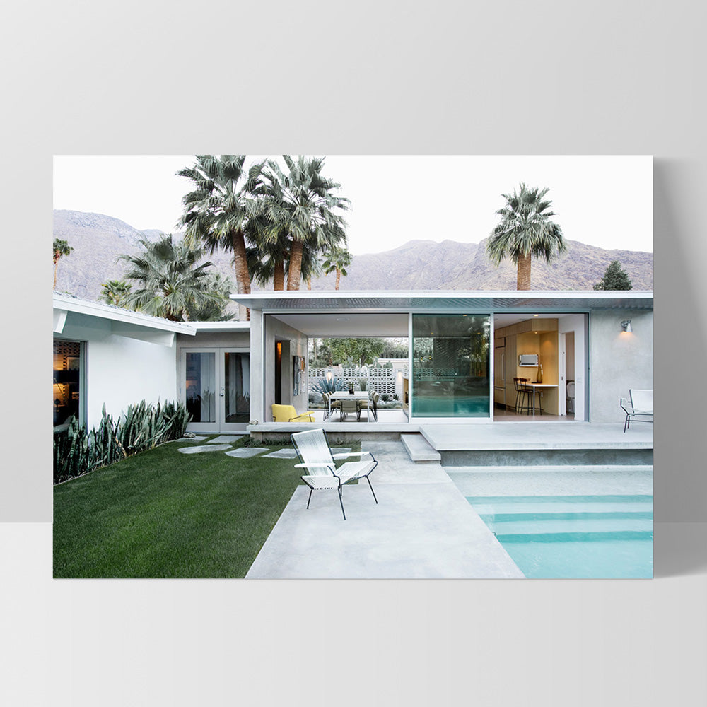 Palm Springs | Poolside Backyard View - Art Print, Poster, Stretched Canvas, or Framed Wall Art Print, shown as a stretched canvas or poster without a frame