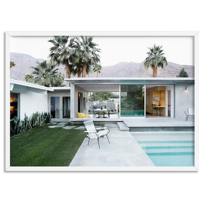 Palm Springs | Poolside Backyard View - Art Print, Poster, Stretched Canvas, or Framed Wall Art Print, shown in a white frame