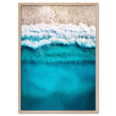Aerial Ocean Blues & Soft Sand - Art Print, Poster, Stretched Canvas, or Framed Wall Art Print, shown in a natural timber frame