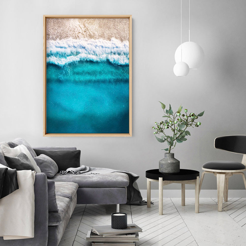 Aerial Ocean Blues & Soft Sand - Art Print, Poster, Stretched Canvas or Framed Wall Art Prints, shown framed in a room