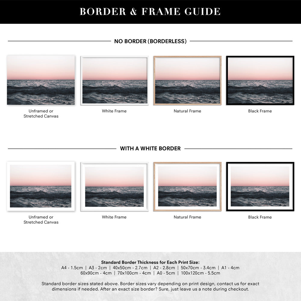 Sun & Sea at Dusk - Art Print, Poster, Stretched Canvas or Framed Wall Art, Showing White , Black, Natural Frame Colours, No Frame (Unframed) or Stretched Canvas, and With or Without White Borders
