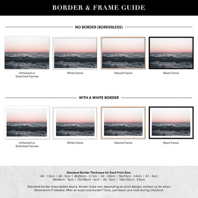Sun & Sea at Dusk - Art Print, Poster, Stretched Canvas or Framed Wall Art, Showing White , Black, Natural Frame Colours, No Frame (Unframed) or Stretched Canvas, and With or Without White Borders