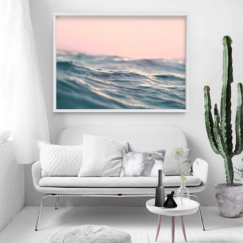 Soft Waves & Blush Sky - Art Print, Poster, Stretched Canvas or Framed Wall Art Prints, shown framed in a room
