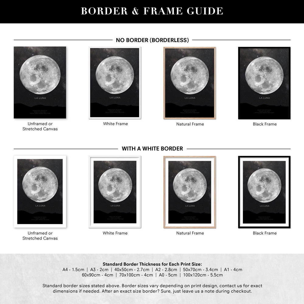 La Luna Moon - Art Print, Poster, Stretched Canvas or Framed Wall Art, Showing White , Black, Natural Frame Colours, No Frame (Unframed) or Stretched Canvas, and With or Without White Borders