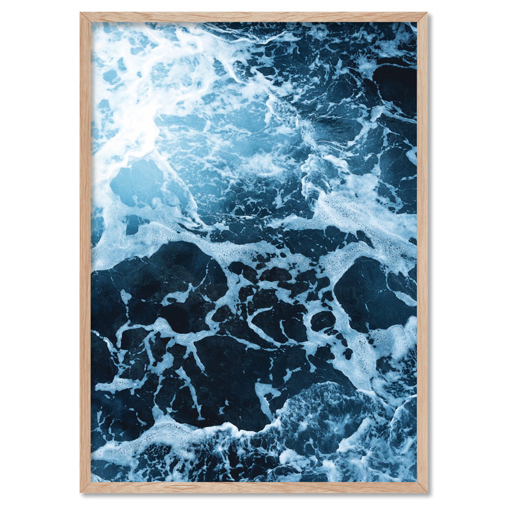 Ocean Beach Waves & Sea Foam I - Art Print, Poster, Stretched Canvas, or Framed Wall Art Print, shown in a natural timber frame