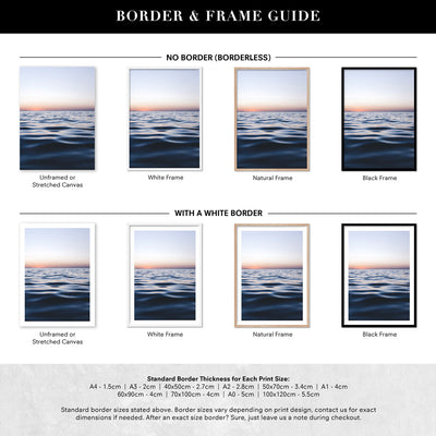 Calm Ocean Horizon at Dusk - Art Print, Poster, Stretched Canvas or Framed Wall Art, Showing White , Black, Natural Frame Colours, No Frame (Unframed) or Stretched Canvas, and With or Without White Borders