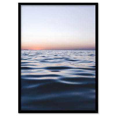 Calm Ocean Horizon at Dusk - Art Print, Poster, Stretched Canvas, or Framed Wall Art Print, shown in a black frame