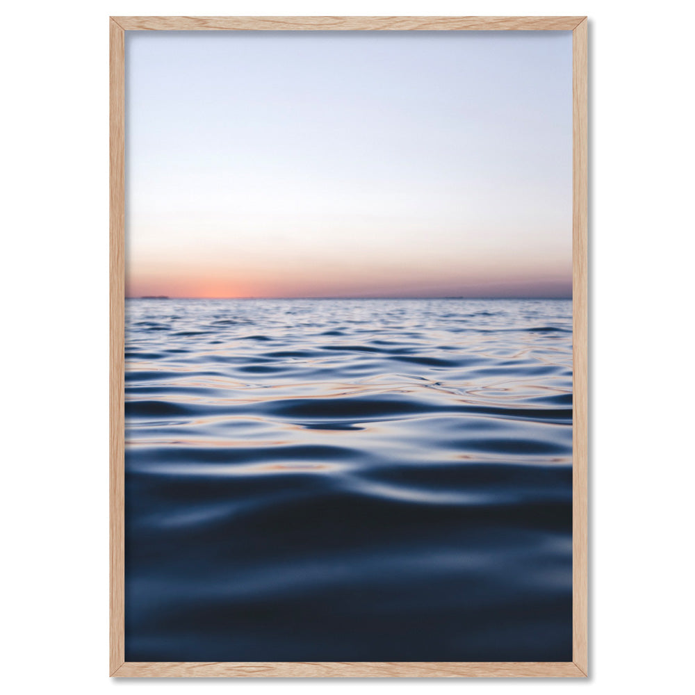 Calm Ocean Horizon at Dusk - Art Print, Poster, Stretched Canvas, or Framed Wall Art Print, shown in a natural timber frame