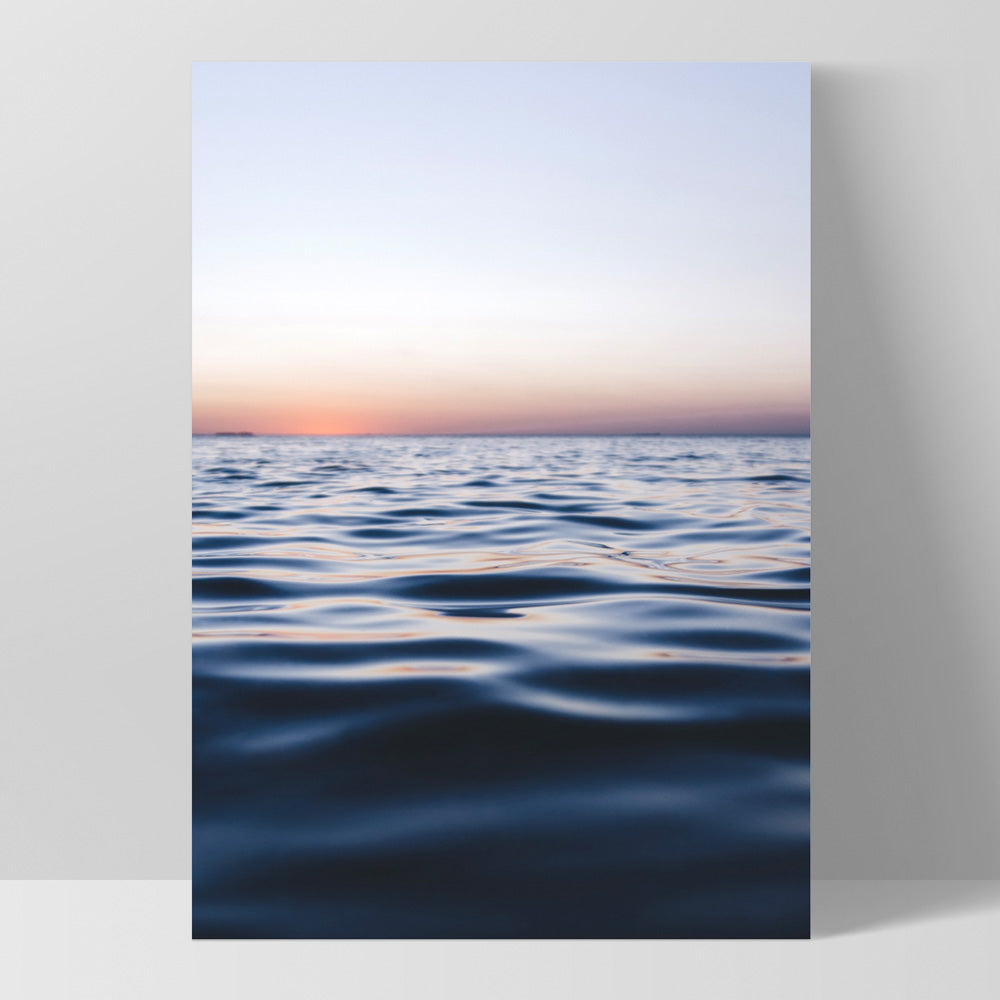 Calm Ocean Horizon at Dusk - Art Print, Poster, Stretched Canvas, or Framed Wall Art Print, shown as a stretched canvas or poster without a frame