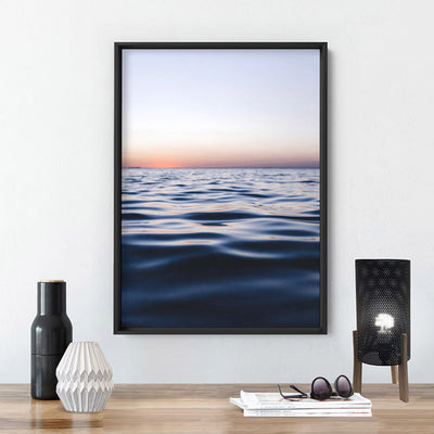 Calm Ocean Horizon at Dusk - Art Print, Poster, Stretched Canvas or Framed Wall Art Prints, shown framed in a room
