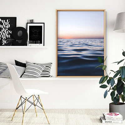 Calm Ocean Horizon at Dusk - Art Print, Poster, Stretched Canvas or Framed Wall Art, shown framed in a home interior space