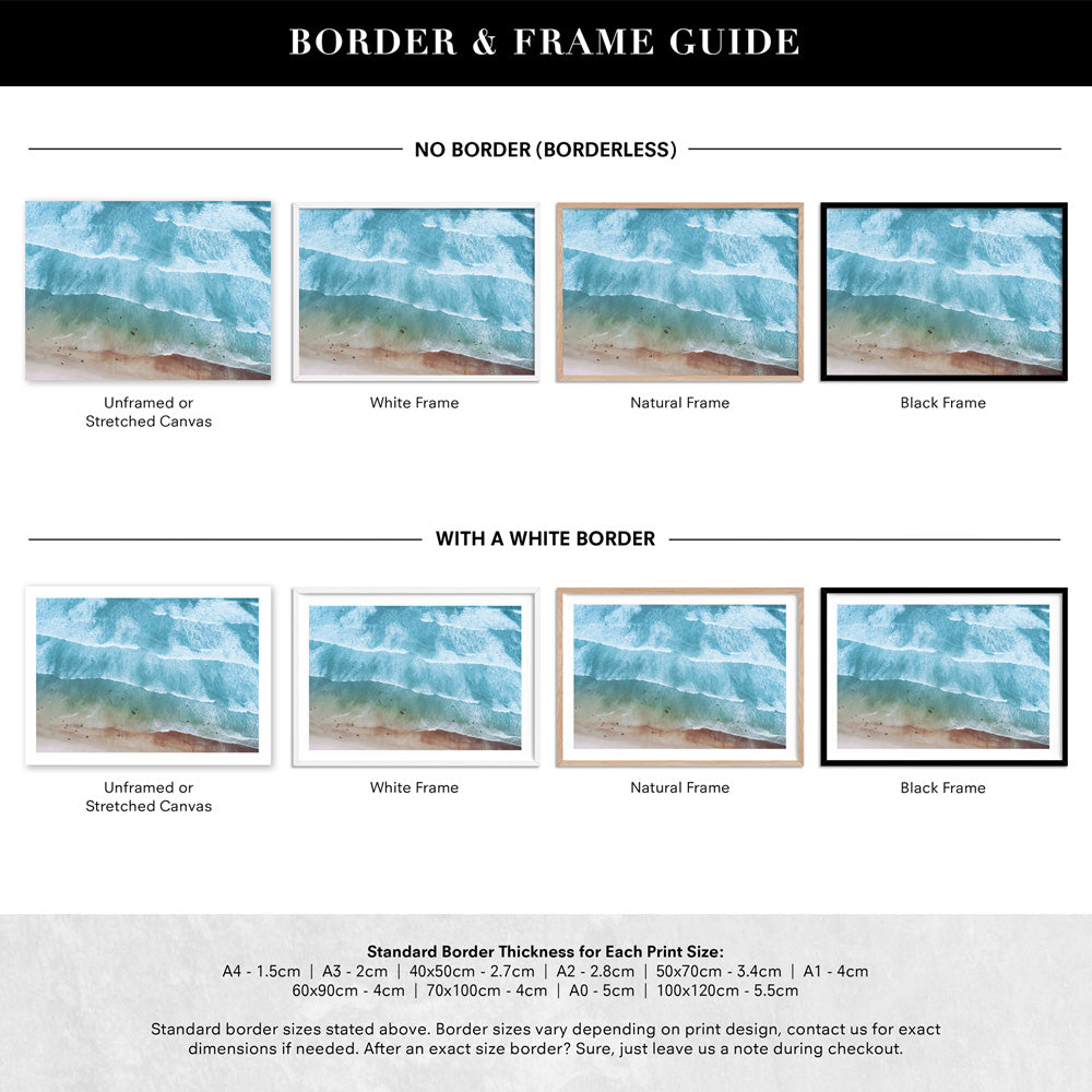 Aerial Summer Sea & Waves Landscape - Art Print, Poster, Stretched Canvas or Framed Wall Art, Showing White , Black, Natural Frame Colours, No Frame (Unframed) or Stretched Canvas, and With or Without White Borders