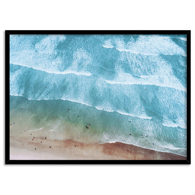 Aerial Summer Sea & Waves Landscape - Art Print, Poster, Stretched Canvas, or Framed Wall Art Print, shown in a black frame