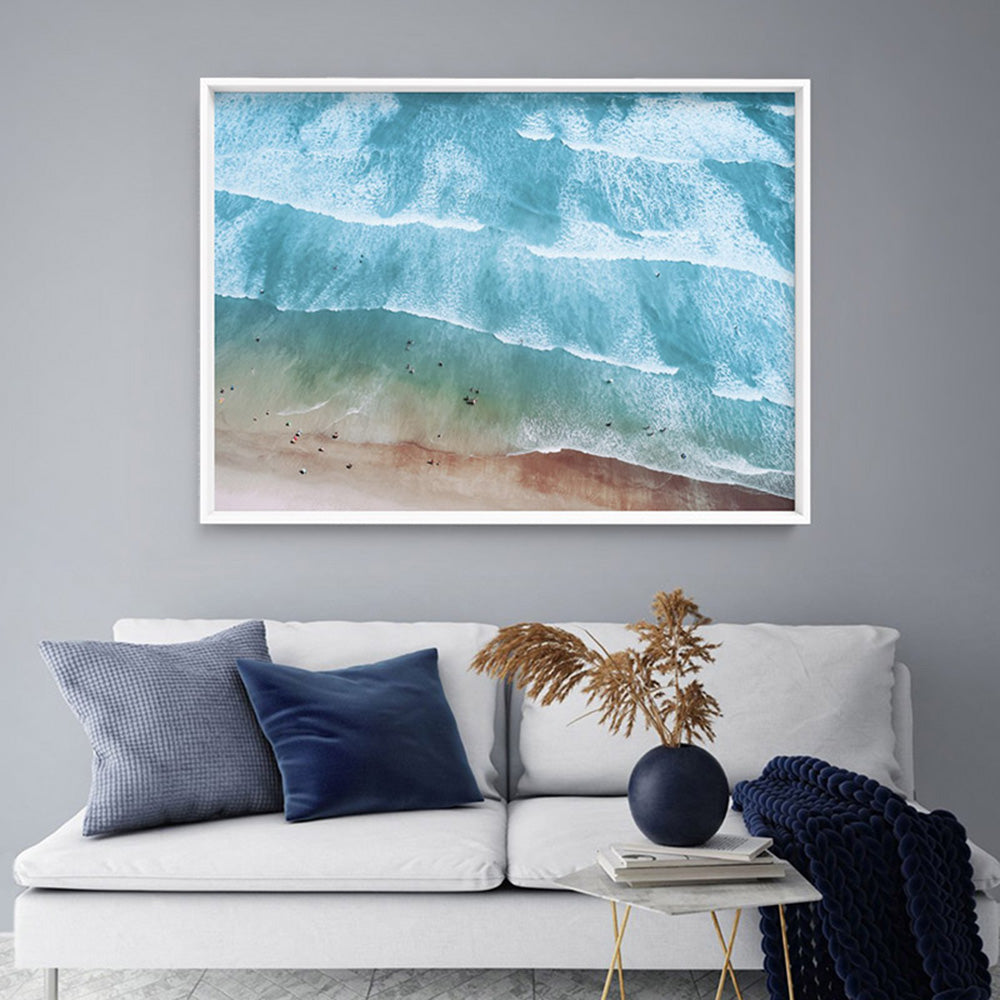 Aerial Summer Sea & Waves Landscape - Art Print, Poster, Stretched Canvas or Framed Wall Art Prints, shown framed in a room