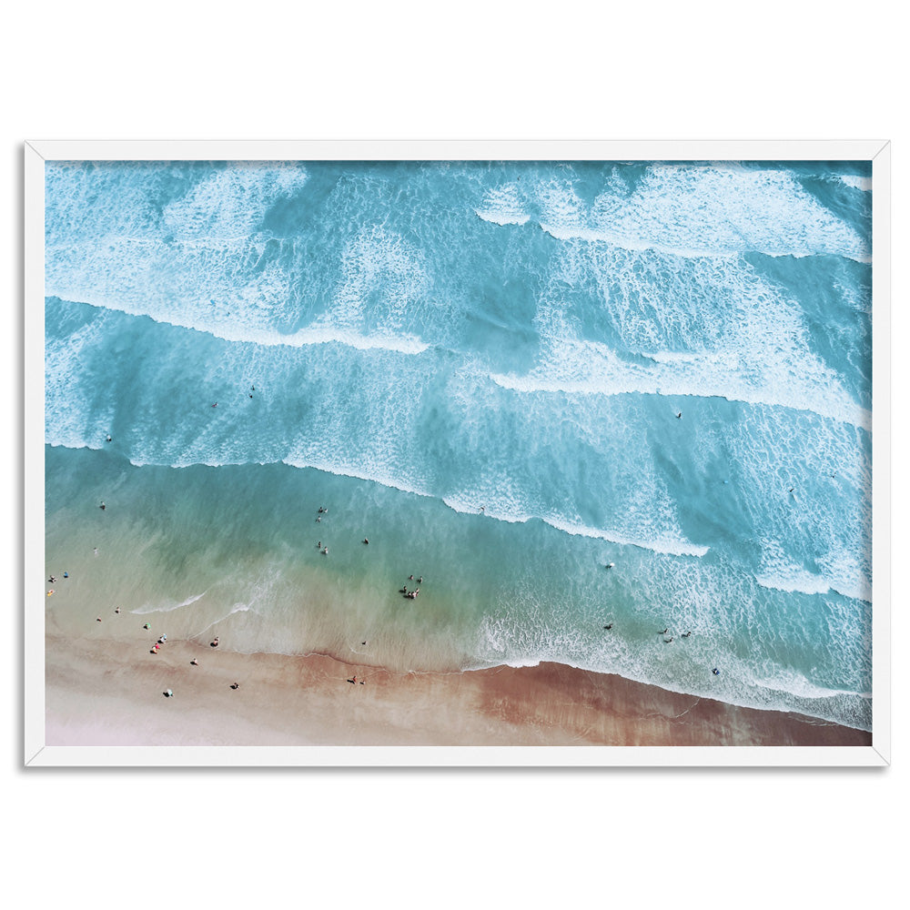 Aerial Summer Sea & Waves Landscape - Art Print, Poster, Stretched Canvas, or Framed Wall Art Print, shown in a white frame